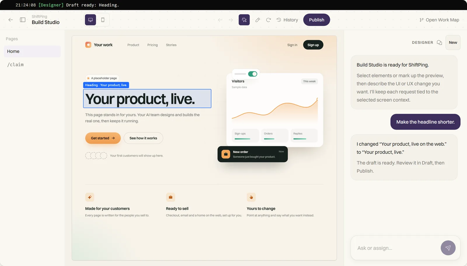 Build Studio with the headline of a sample page picked and outlined, and the Designer conversation on the right: the owner asks for a shorter headline and the Designer reports the change and says the draft is ready.