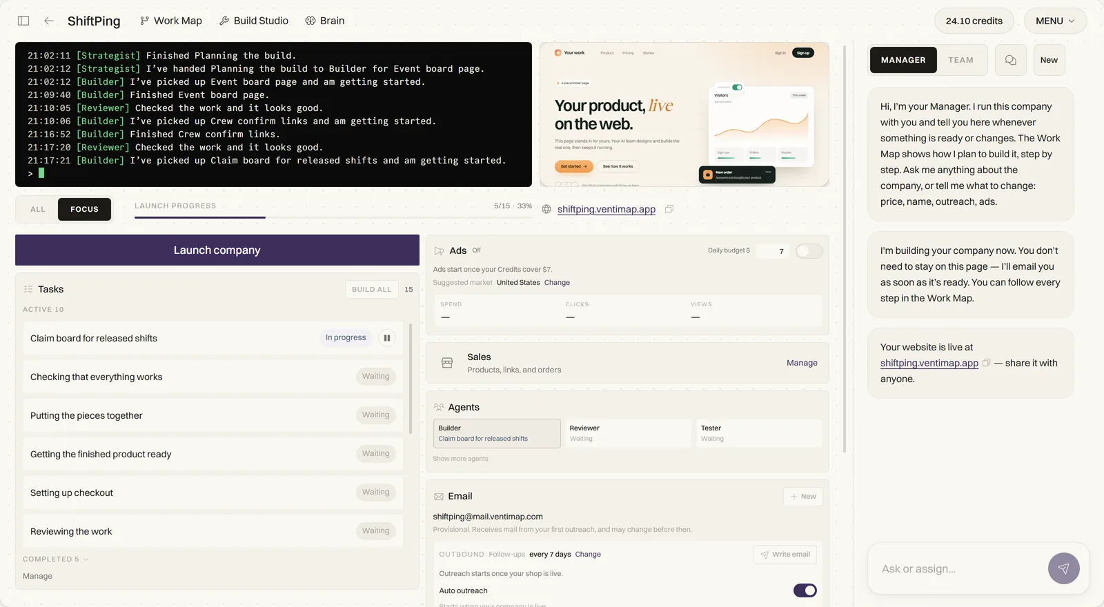 The Control Panel: a live log of what each agent is doing, a preview of the website, the list of tasks with their status, ads, sales, agents and email, and the Manager chat on the right.